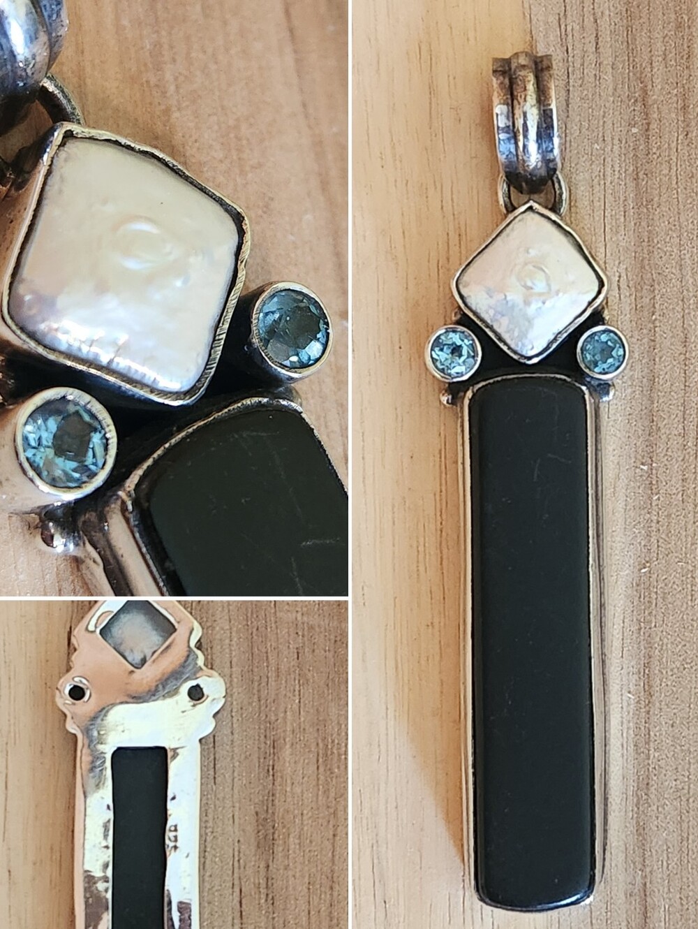 VINTAGE 925 STERLING SILVER BLACK ONYX BLUE TOPAZ BAROQUE PEARL PENDANT 14g